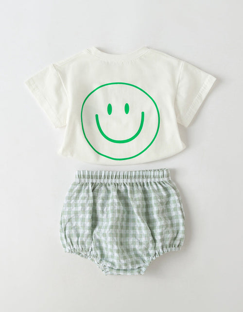 Load image into Gallery viewer, Baby Smiley Print Pattern Solid Tee Combo Plaid Pattern Triangle Shorts Sets by MyKids-USA™
