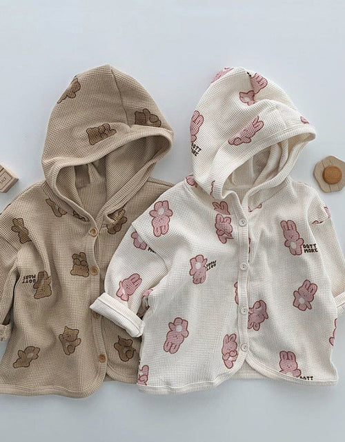 Load image into Gallery viewer, Baby Waffle Fabric Cartoon Bear Print Single Breasted Design Cardigan With Hat by MyKids-USA™
