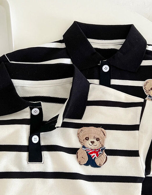 Load image into Gallery viewer, Baby Cartoon Bear Print &amp; Striped Pattern Polo Neck Long Sleeve Romper by MyKids-USA™
