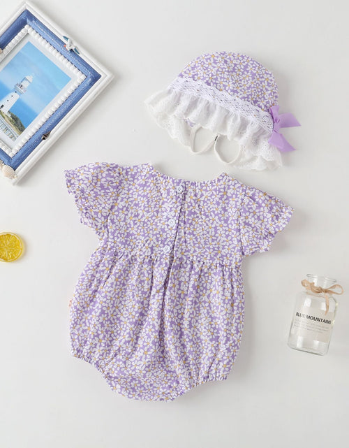 Load image into Gallery viewer, Baby Girl Floral Pattern Lace Patchwork Round Collar Short-Sleeved Colorful Cotton Onesies With Hat by MyKids-USA™
