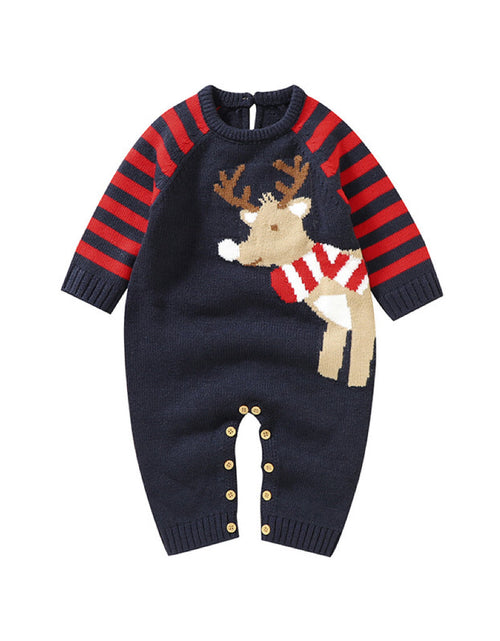 Load image into Gallery viewer, Baby Cartoon Elk Graphic Side Striped Sleeve Knitted Romper by MyKids-USA™
