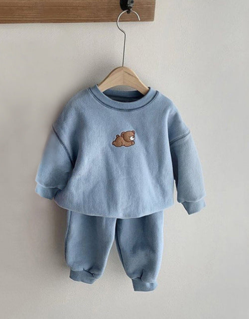 Load image into Gallery viewer, Baby Cartoon Bear Patched Graphic Hoodies Combo Solid Trousers Casual 2 Pieces Sets by MyKids-USA™
