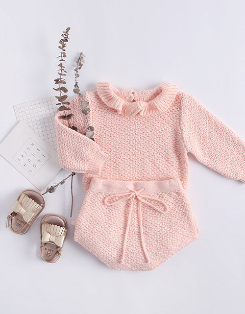 Load image into Gallery viewer, Baby Girl 1pcs Ruffle Neck Solid Shirts And Belted Triangle Shorts Fall Winter Knit Sets by MyKids-USA™
