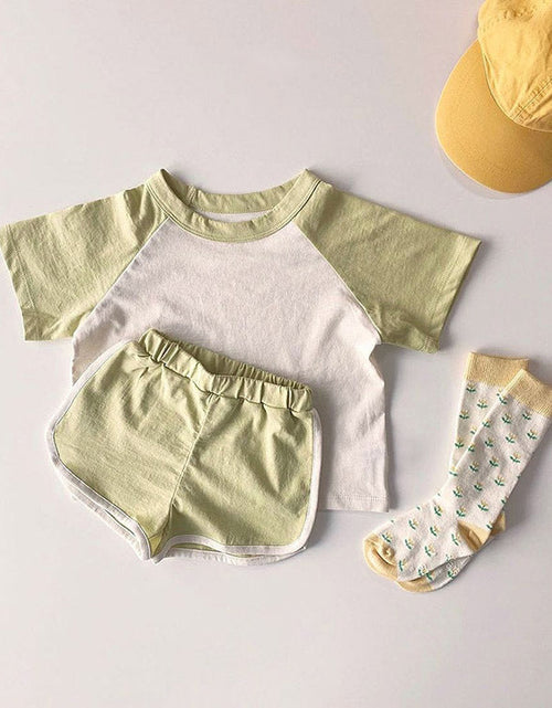 Load image into Gallery viewer, Baby Boys And Girls Color Patchwork Design Round Neck Short-Sleeved Top Combo Shorts Summer Cotton Sets by MyKids-USA™
