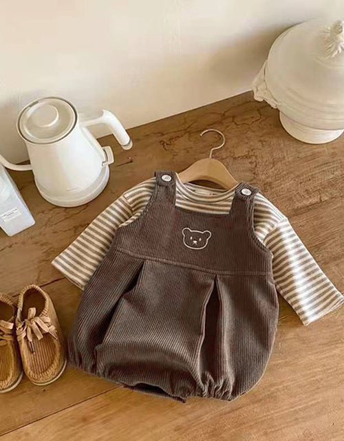 Load image into Gallery viewer, Baby Striped Shirt Combo Corduroy Fabric Cartoon Bear Embroidered Vest Bodysuit 2 Pieces Sets by MyKids-USA™
