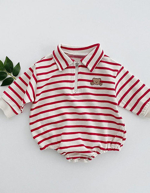Load image into Gallery viewer, Baby Striped &amp; Cartoon Patched Graphic Polo Neck Long Sleeves Bodysuit Onesies by MyKids-USA™
