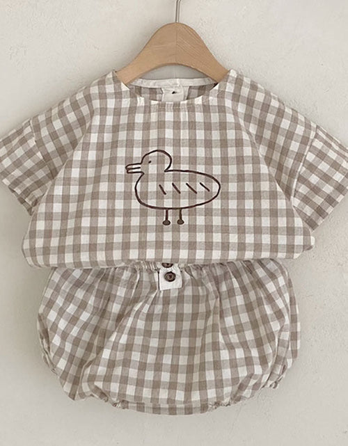 Load image into Gallery viewer, Baby Girl Plaid Polka Dot Pattern Duckling Print Short Sleeved Top Combo Pants Sets by MyKids-USA™
