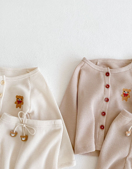 Load image into Gallery viewer, Baby Cartoon Bear Embroidered Graphic Button Front Waffle Knitted Cardigan Combo Pants Sets by MyKids-USA™
