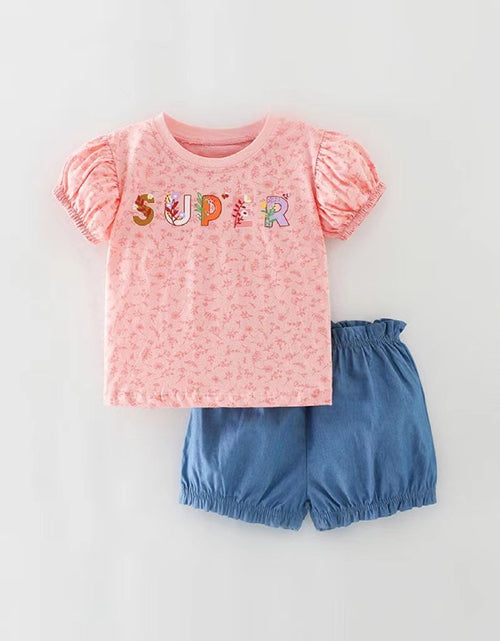 Load image into Gallery viewer, Baby Girl Floral &amp; Slogan Print Graphic Puff Sleeve Tee Combo Denim Shorts Sets by MyKids-USA™
