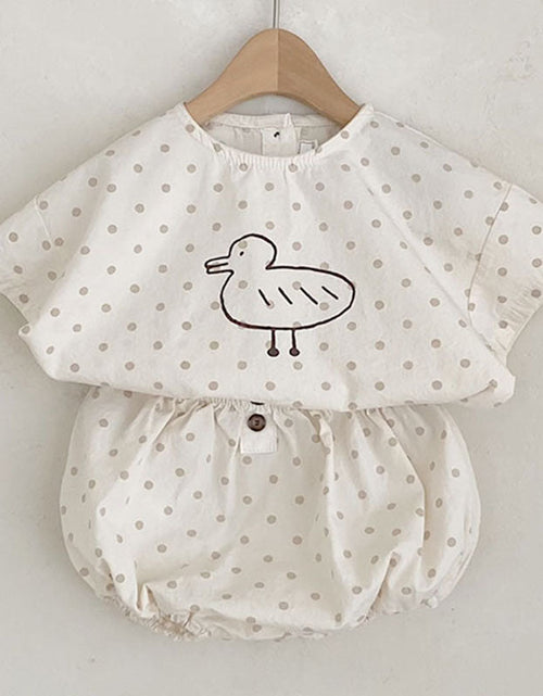 Load image into Gallery viewer, Baby Girl Plaid Polka Dot Pattern Duckling Print Short Sleeved Top Combo Pants Sets by MyKids-USA™

