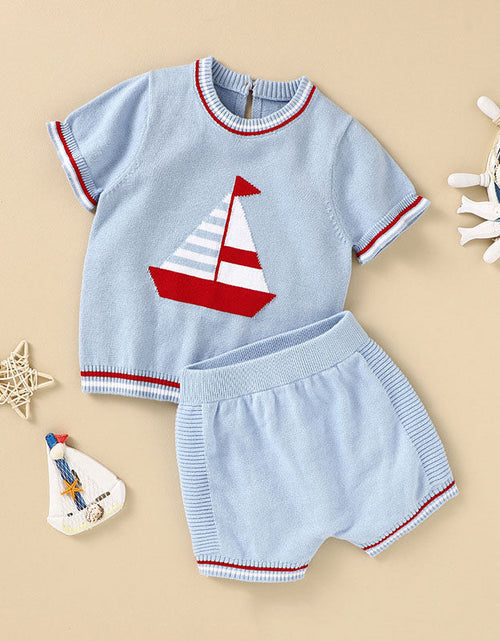 Load image into Gallery viewer, Baby Boy Embroidered Graphic Striped Neck &amp; Sleeve Design Tee Combo Shorts Sailor Style Sets by MyKids-USA™
