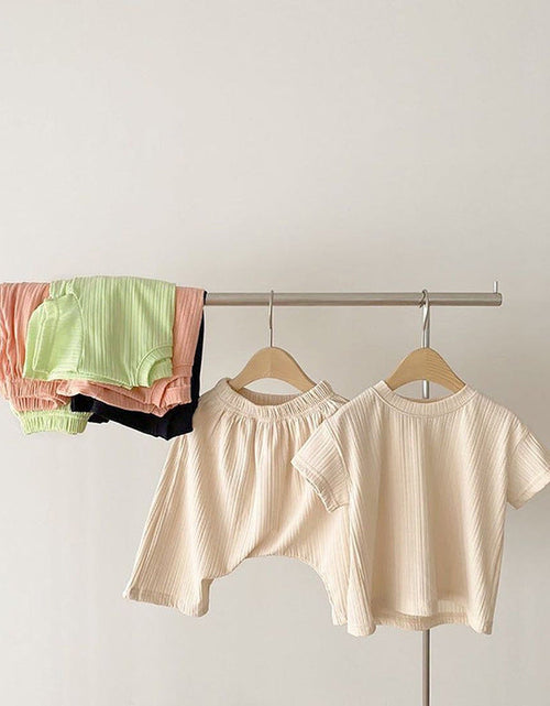 Load image into Gallery viewer, Baby Boys And Girls Solid Color Round Neck Short-Sleeved Top Combo Pants Sets Home Wear Pajamas In Summer by MyKids-USA™
