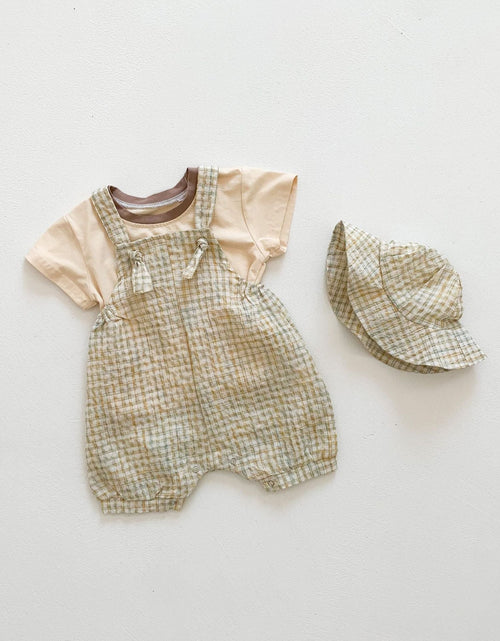 Load image into Gallery viewer, Baby Girl Short-Sleeved Plaid Pattern Backpack Pants With Hat Three Piece Sets In Summer by MyKids-USA™
