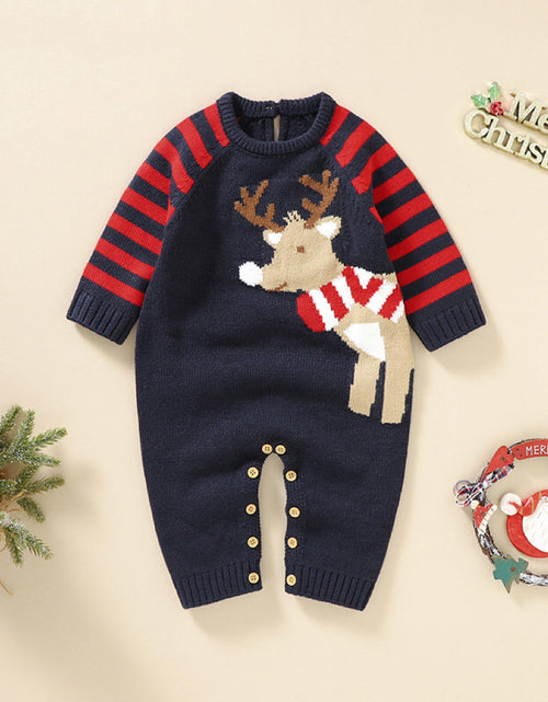 Load image into Gallery viewer, Baby Cartoon Elk Graphic Side Striped Sleeve Knitted Romper by MyKids-USA™

