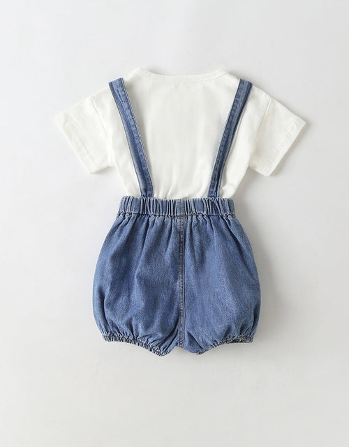Load image into Gallery viewer, Baby Girl Solid Color Tee Combo Denim Strap Shorts 1-Piece Sets by MyKids-USA™
