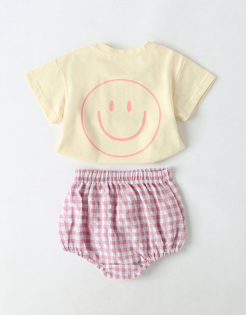 Load image into Gallery viewer, Baby Smiley Print Pattern Solid Tee Combo Plaid Pattern Triangle Shorts Sets by MyKids-USA™
