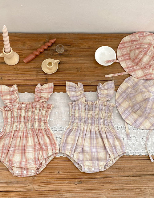 Load image into Gallery viewer, Baby Girl Plaid Pattern Flying Sleeves Onesies With Hat by MyKids-USA™
