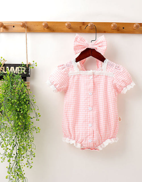 Load image into Gallery viewer, Baby Girl Plaid Pattern Lace Patchwork Design Bubble Short-Sleeved Onesies With Buttons by MyKids-USA™
