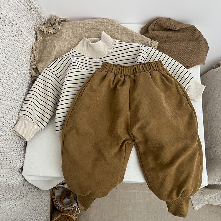 Baby Solid Color Thickened Lambswool Drawstring Casual Trousers by MyKids-USA™