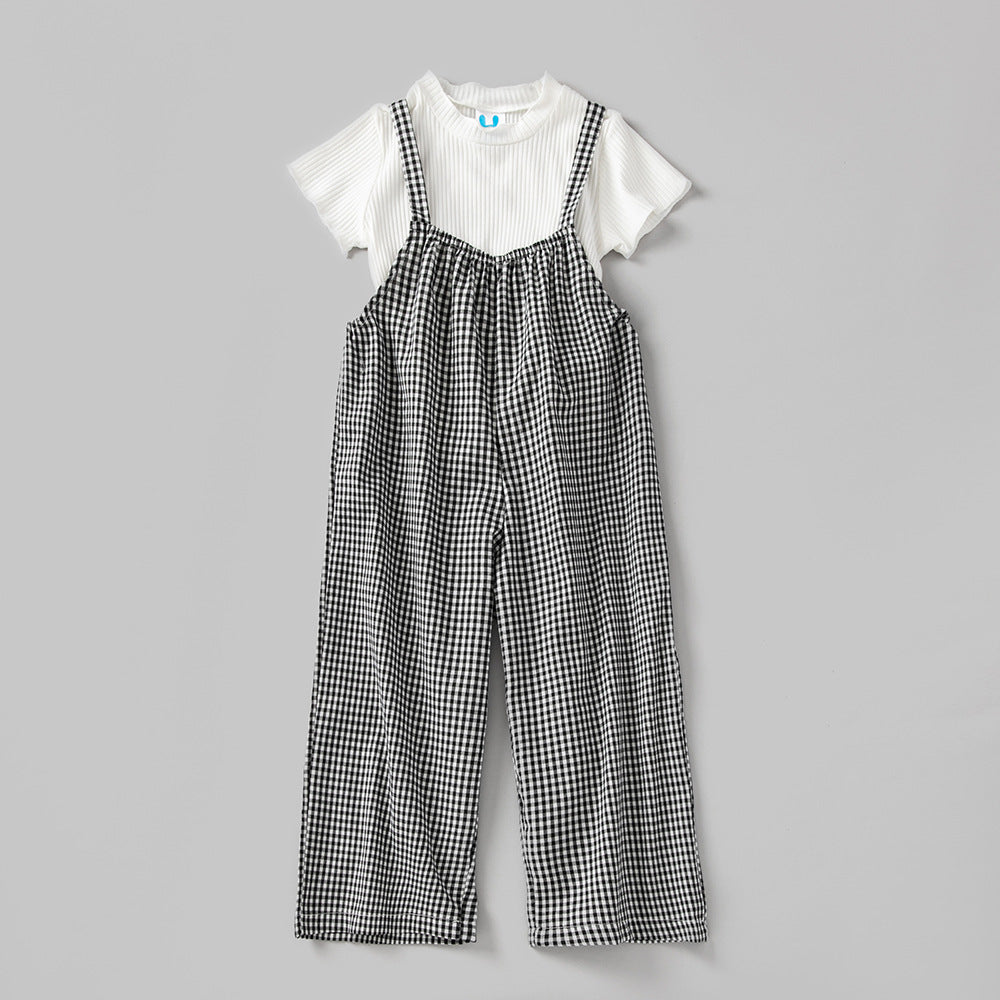 Baby Girl Solid Color Tops Combo Plaid Pattern Overalls 2-Pieces Sets by MyKids-USA™