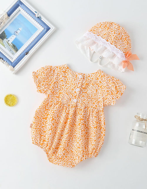 Load image into Gallery viewer, Baby Girl Floral Pattern Lace Patchwork Round Collar Short-Sleeved Colorful Cotton Onesies With Hat by MyKids-USA™
