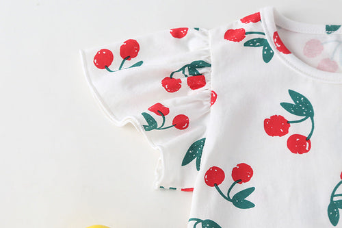 Load image into Gallery viewer, Baby Girl Cherry Print Pattern Mesh Patchwork Design Round-Collar Short-Sleeved Summer Dress Onesies by MyKids-USA™
