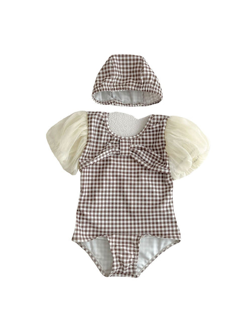 Load image into Gallery viewer, Baby Girl Plaid Pattern Mesh Sleeves Patchwork Swimwear With Hats by MyKids-USA™
