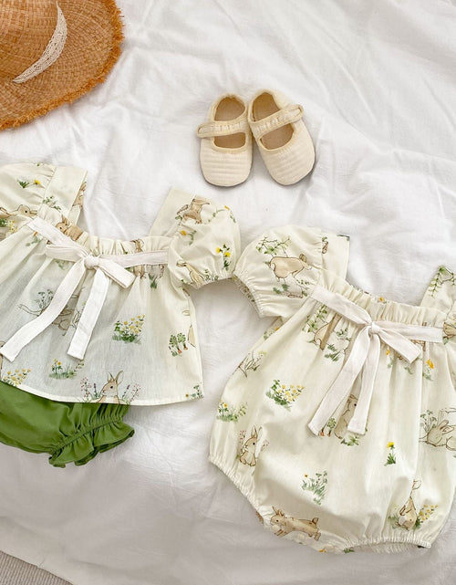 Load image into Gallery viewer, Bunny Pattern Square Neck Bow Tie Puff Sleeve Onesies &amp; Sets by MyKids-USA™

