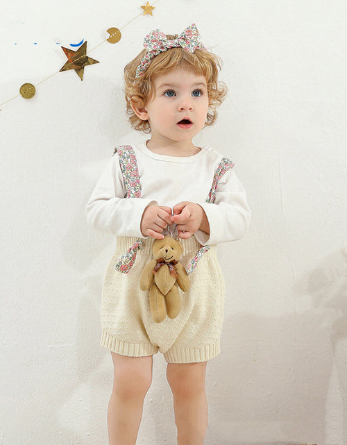Load image into Gallery viewer, Baby Girl Ditsy Flower Sling Knitted Shorts Overalls With Headband by MyKids-USA™
