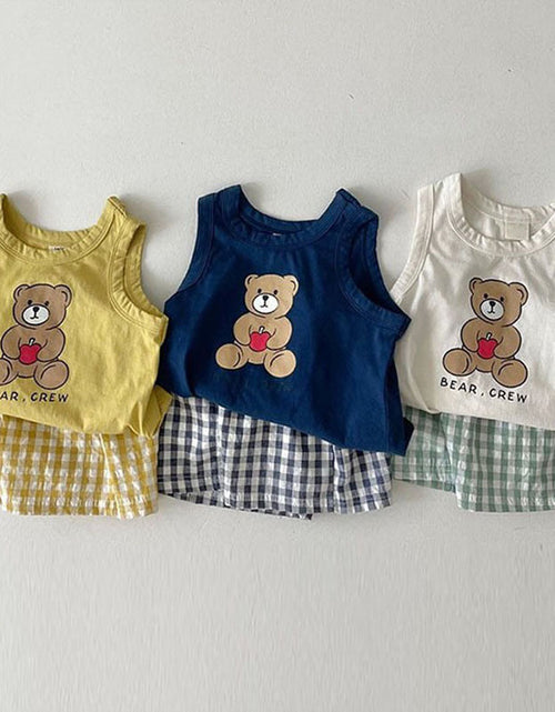 Load image into Gallery viewer, Baby Bear Print Pattern Tops With Plaid Shorts Sets by MyKids-USA™
