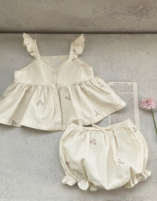 Load image into Gallery viewer, Baby Girl 1pc Floral Embroidered Graphic Ruffle Sling Tops &amp; Shorts Sets by MyKids-USA™
