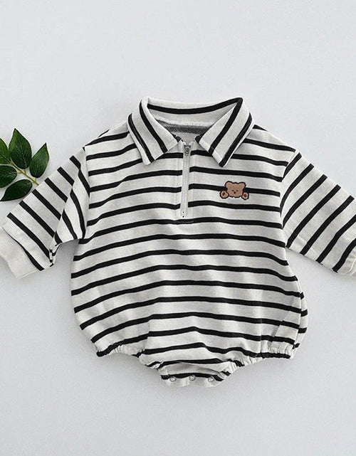 Load image into Gallery viewer, Baby Striped &amp; Cartoon Patched Graphic Polo Neck Long Sleeves Bodysuit Onesies by MyKids-USA™
