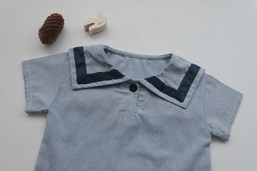 Load image into Gallery viewer, Baby Girl 1pc Contrast Tape Lapel Tops &amp; Shorts Navy Style College Sets by MyKids-USA™

