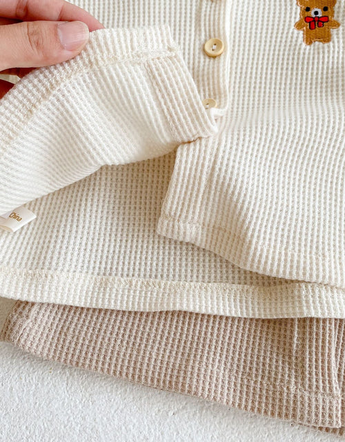 Load image into Gallery viewer, Baby Cartoon Bear Embroidered Graphic Button Front Waffle Knitted Cardigan Combo Pants Sets by MyKids-USA™
