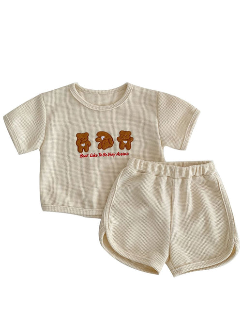 Load image into Gallery viewer, Baby Bear Embroidered Pattern Waffle Fabric T-Shirt Combo Shorts Sets by MyKids-USA™
