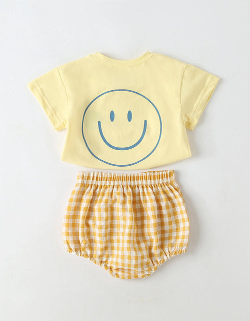 Load image into Gallery viewer, Baby Smiley Print Pattern Solid Tee Combo Plaid Pattern Triangle Shorts Sets by MyKids-USA™
