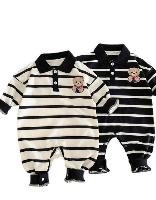Load image into Gallery viewer, Baby Cartoon Bear Print &amp; Striped Pattern Polo Neck Long Sleeve Romper by MyKids-USA™
