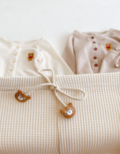 Load image into Gallery viewer, Baby Cartoon Bear Embroidered Graphic Button Front Waffle Knitted Cardigan Combo Pants Sets by MyKids-USA™
