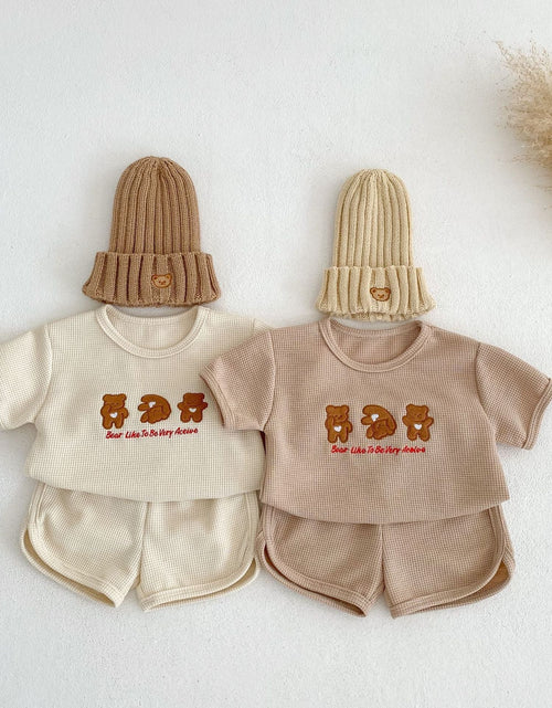 Load image into Gallery viewer, Baby Bear Embroidered Pattern Waffle Fabric T-Shirt Combo Shorts Sets by MyKids-USA™
