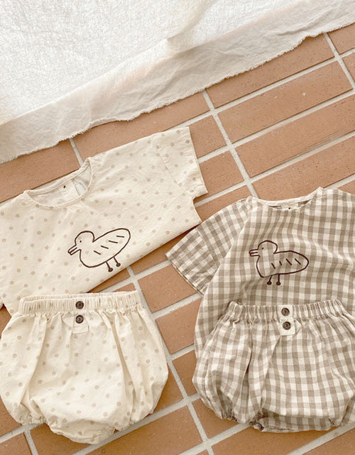 Load image into Gallery viewer, Baby Girl Plaid Polka Dot Pattern Duckling Print Short Sleeved Top Combo Pants Sets by MyKids-USA™
