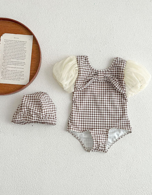 Load image into Gallery viewer, Baby Girl Plaid Pattern Mesh Sleeves Patchwork Swimwear With Hats by MyKids-USA™
