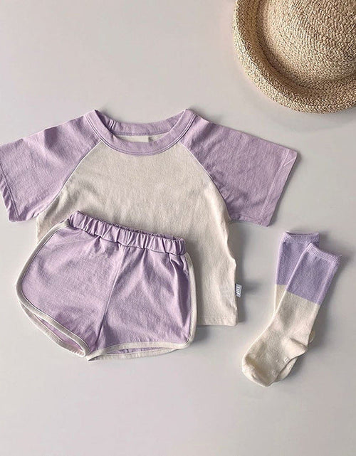 Load image into Gallery viewer, Baby Boys And Girls Color Patchwork Design Round Neck Short-Sleeved Top Combo Shorts Summer Cotton Sets by MyKids-USA™
