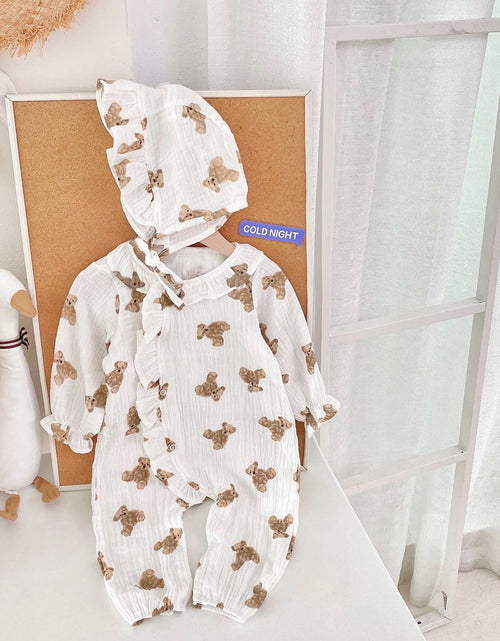 Load image into Gallery viewer, Baby Girls Bear Print Pattern Lace Design Round Collar Long-Sleeved Rompers With Hat by MyKids-USA™
