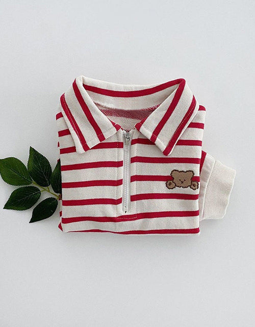 Load image into Gallery viewer, Baby Striped &amp; Cartoon Patched Graphic Polo Neck Long Sleeves Bodysuit Onesies by MyKids-USA™
