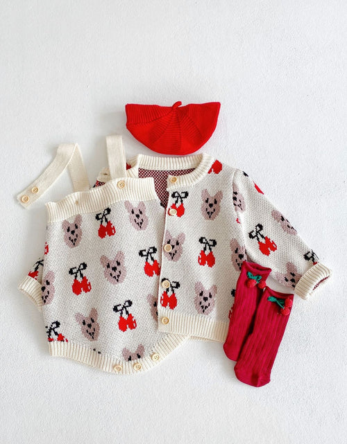 Load image into Gallery viewer, Baby Girl 1pcs Allover Cartoon Bear &amp; Cherry Embroidered Graphic Bodysuit &amp; Cardigan Knitted Sets by MyKids-USA™
