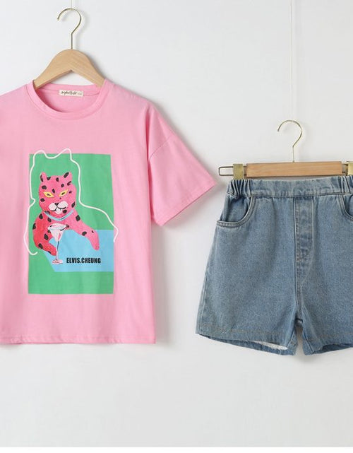 Load image into Gallery viewer, Baby Girl Animal Print T-Shirt Combo Denim Shorts 2-Pieces Sets by MyKids-USA™
