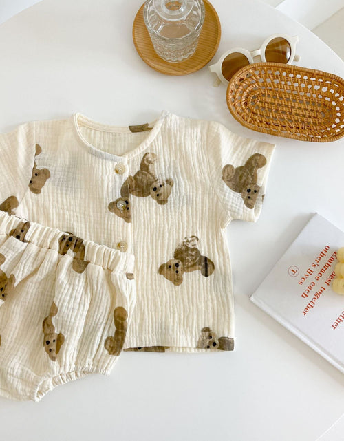 Load image into Gallery viewer, Baby Girl Bear Print Pattern Round Collar Shirt Top Combo Short Pants Sets In Summer Outfit Wearing by MyKids-USA™
