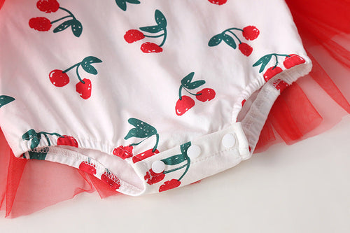 Load image into Gallery viewer, Baby Girl Cherry Print Pattern Mesh Patchwork Design Round-Collar Short-Sleeved Summer Dress Onesies by MyKids-USA™
