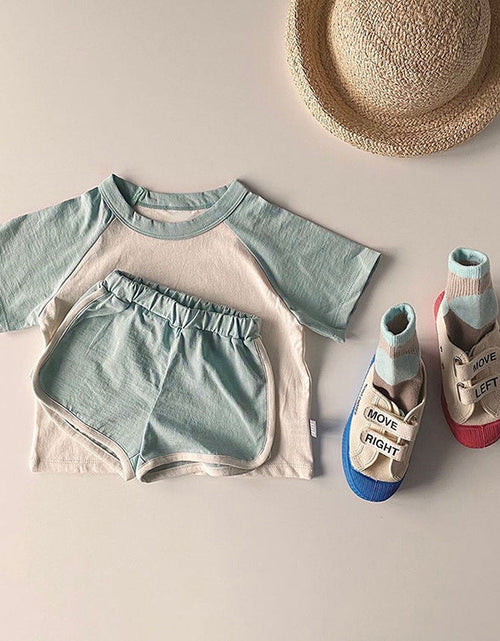 Load image into Gallery viewer, Baby Boys And Girls Color Patchwork Design Round Neck Short-Sleeved Top Combo Shorts Summer Cotton Sets by MyKids-USA™

