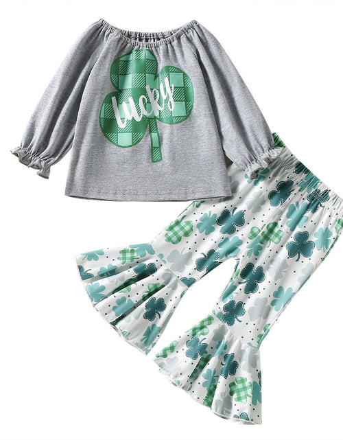 Load image into Gallery viewer, Baby Girl 1pcs 4-Leaves Grass Graphic Long Sleeve Tops Combo Allover Grass Print Ruffle Hem Pants Sets by MyKids-USA™
